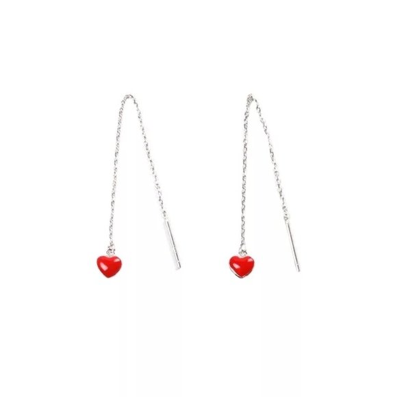 14k Gold Heart Chain Threader Earrings Sterling Silver - Picture 3 of 9